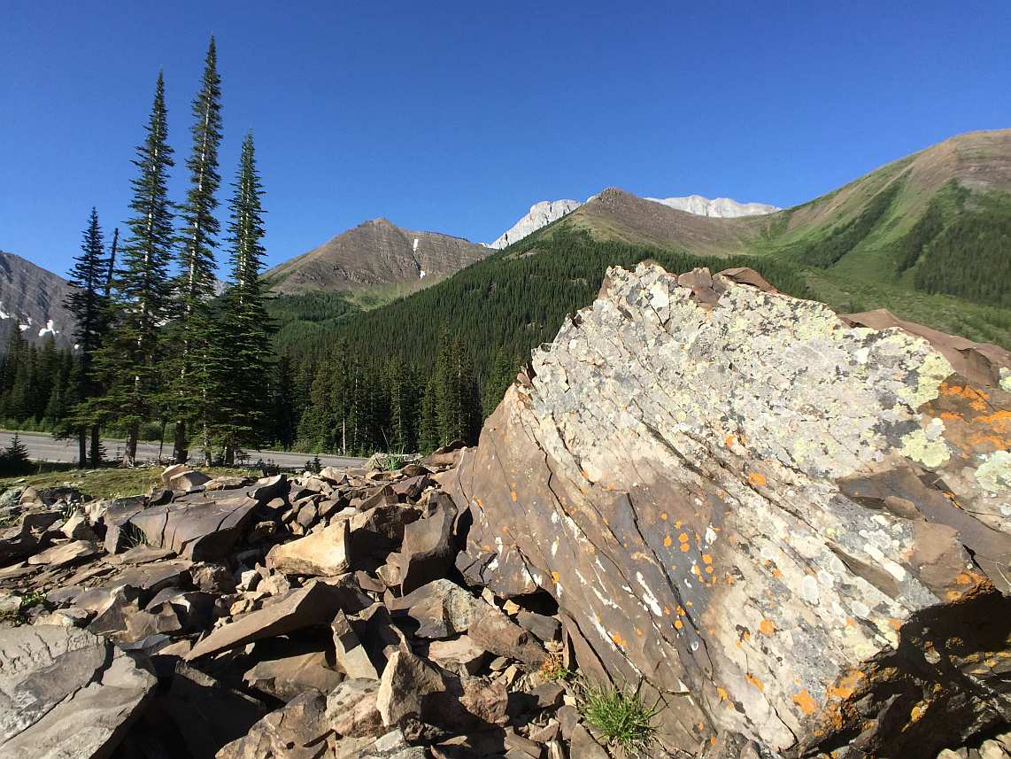 Alpine view in the Kananaskis valley. Mountains soar behind a large foreground shale boulder, and alpine trees reach into the clear blue sky