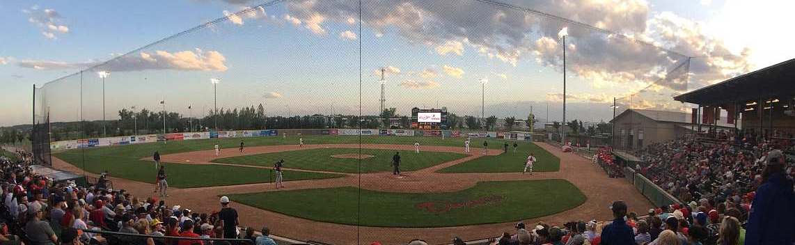 View from the stands of an Okotoks Dawgs baseball game